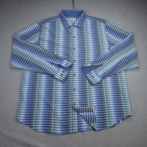 Tommy Bahama Shirt Mens XL Blue Plaid Silk Cotton Blend Stretch Long Sleeve